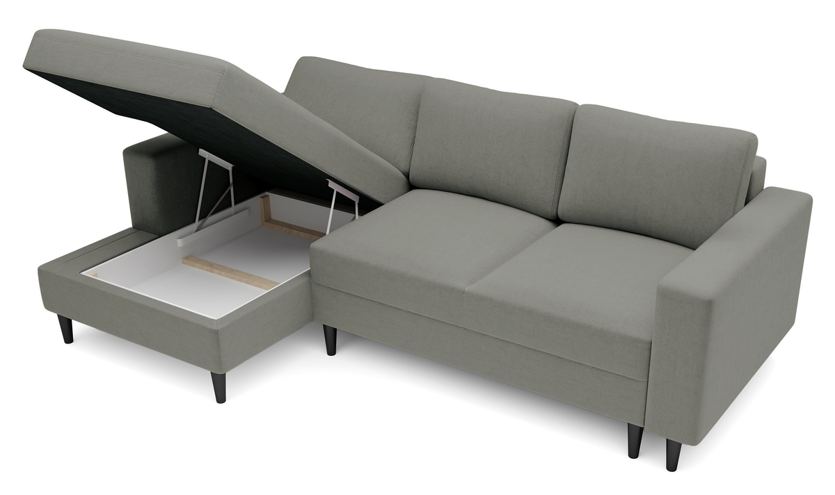Canapé d'angle avec fonction couchage Nalika en L, avec rangement, velours hydrofuge beige foncé, côté gauche