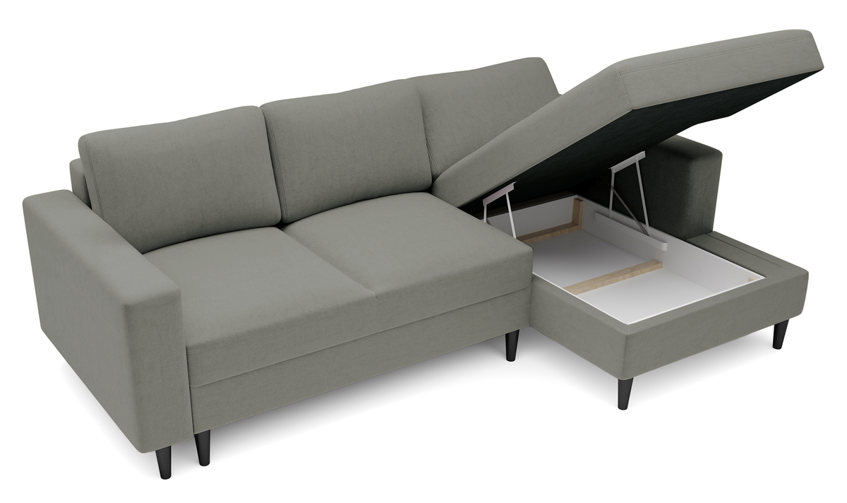 Ecksofa mit Schlafunktion Nalika, L-förmig, mit Stauraum, dunkelbeiger, wasserabweisender Samt, rechtsseitig