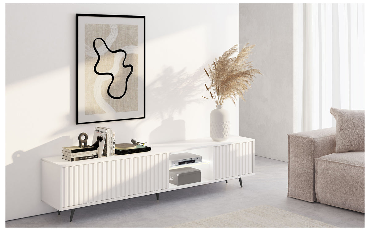 Meuble TV Bello avec façades à lamelles 175 cm blanc avec LED et pieds noirs