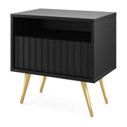 Table de chevet Bello avec tiroir à façade lamellée noire avec pieds dorés