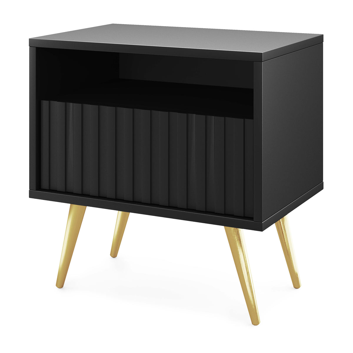 Table de chevet Bello avec tiroir à façade lamellée noire avec pieds dorés