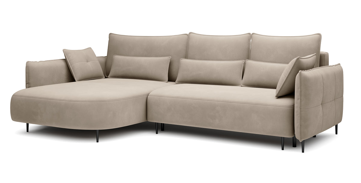 Canapé d'angle Oblivio L avec fonction couchage, rangement, velours beige clair hydrofuge, côté gauche