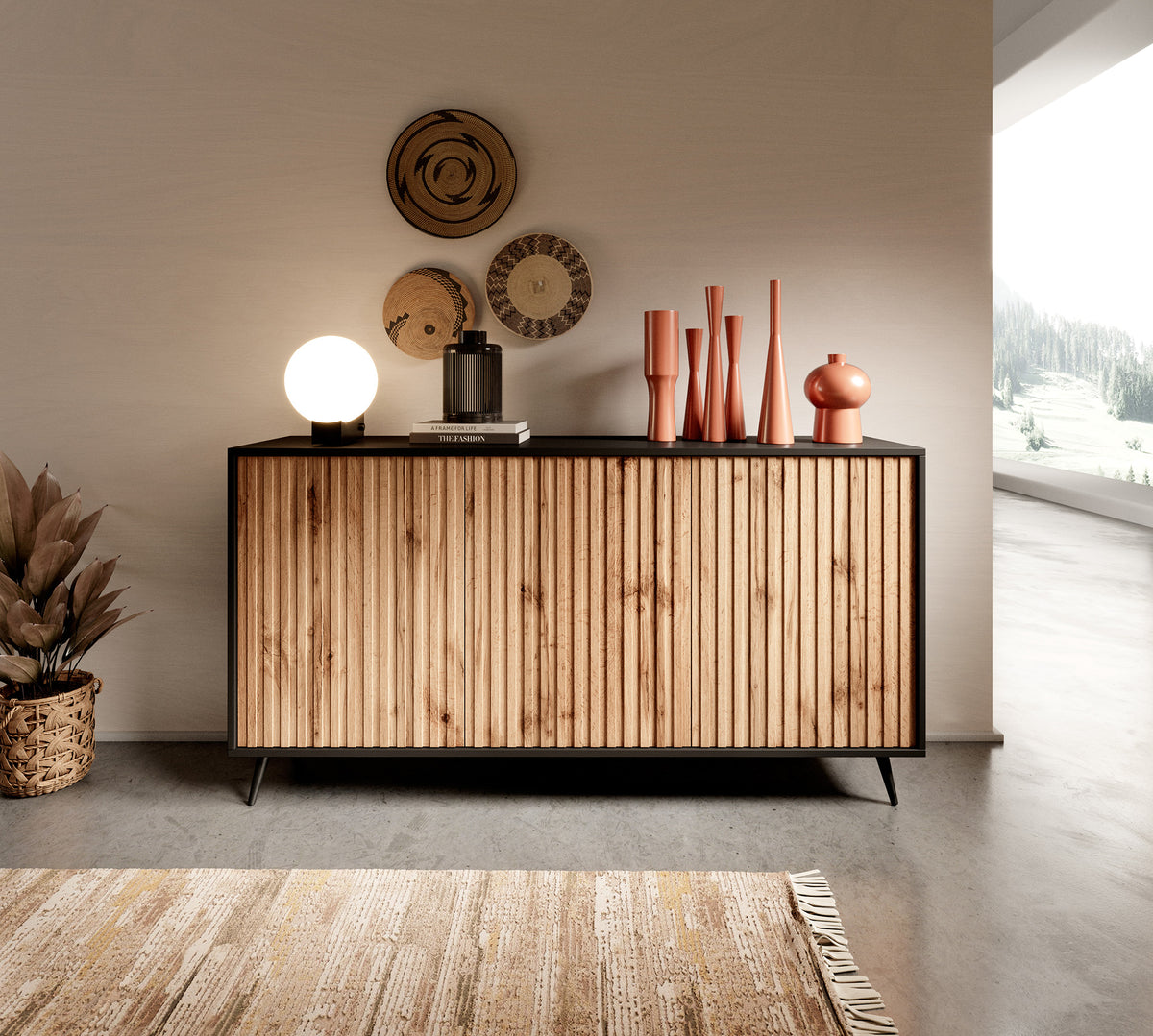 Commode Bello avec façades à lames 154 cm noire/chêne Wotan