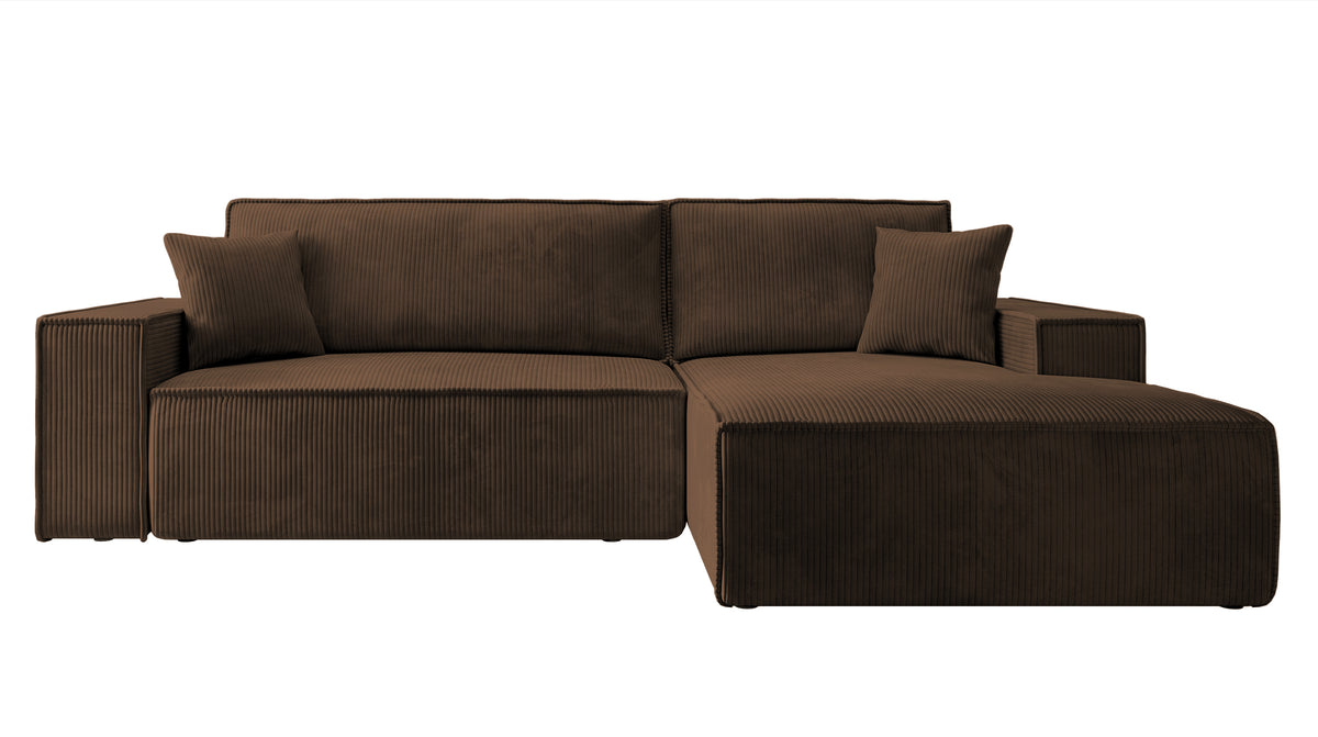 Canapé d'angle avec fonction couchage Farese New en velours côtelé brun, modèle droit avec coffre de rangement