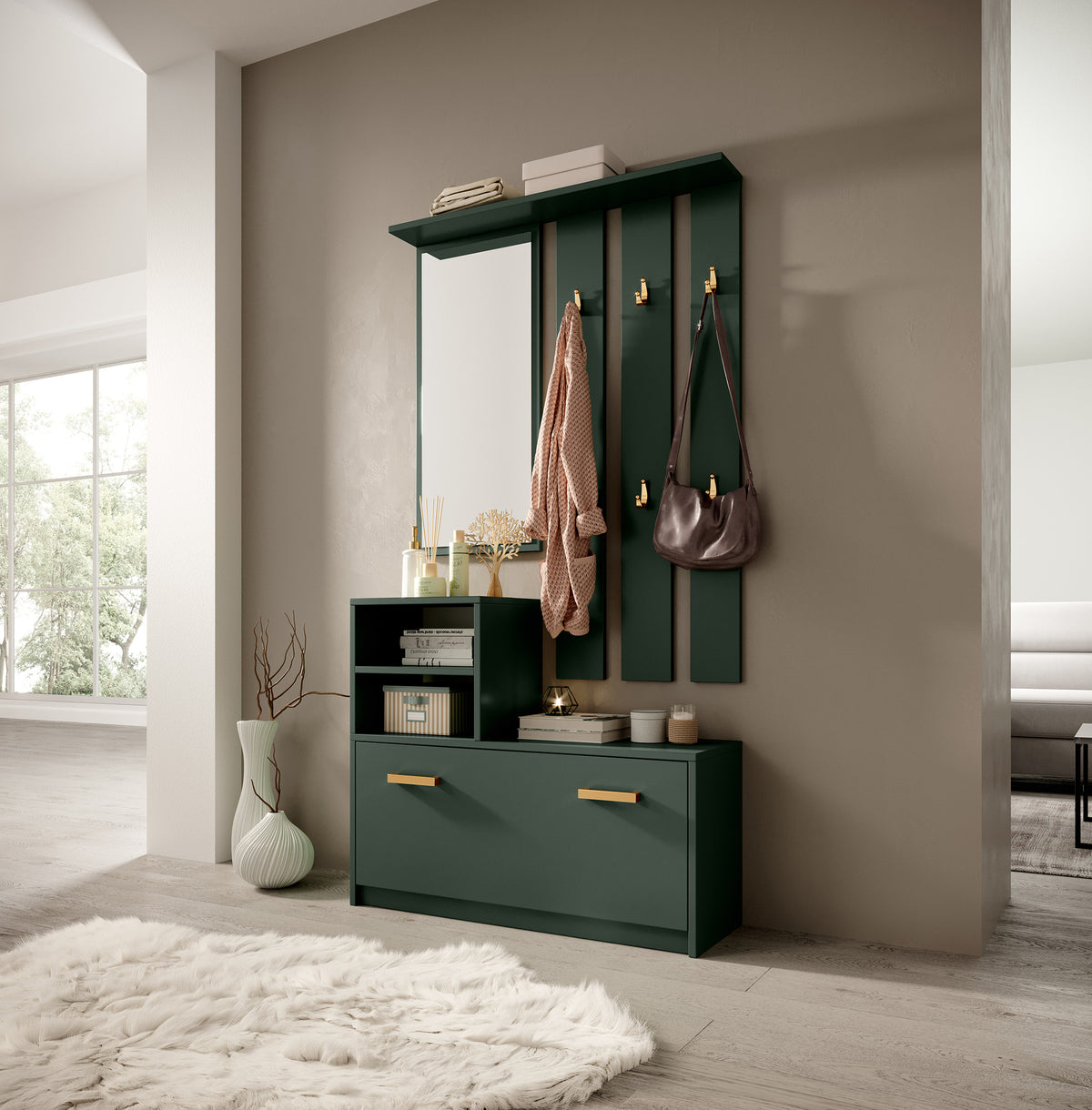 Ensemble d'entrée Yesfir vert bouteille avec miroir, patères, étagères et meuble à chaussures