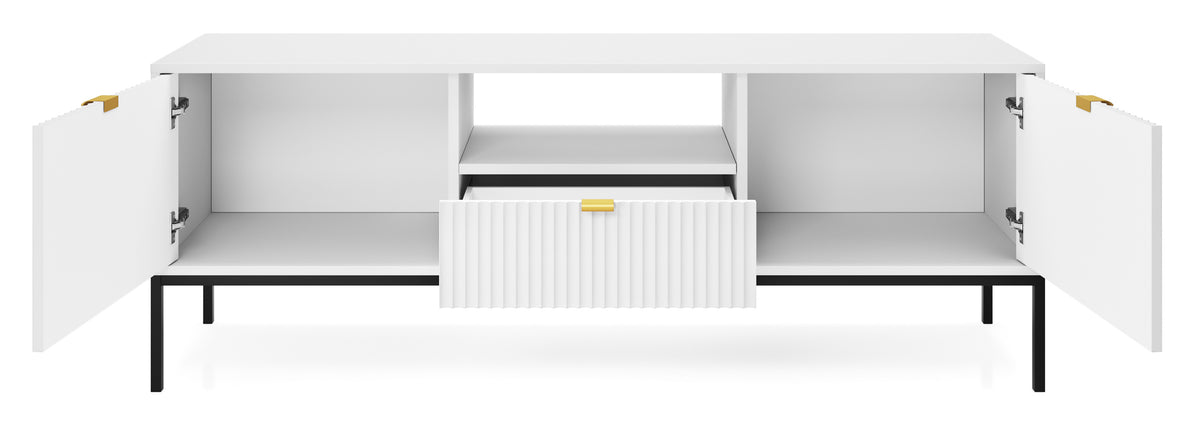 Meuble TV Vellore 154 cm blanc avec façades rainurées et poignées dorées