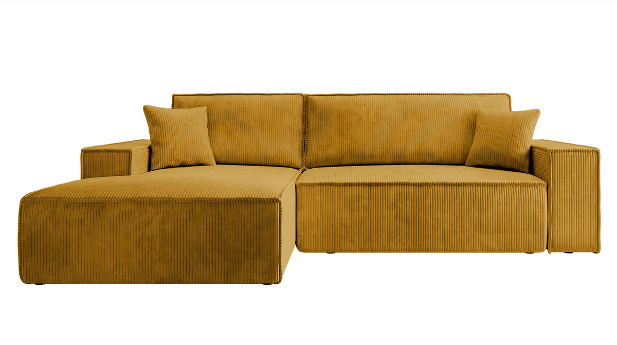 Canapé d'angle avec fonction couchage Farese New en L, avec rangement, velours côtelé moutarde, côté gauche
