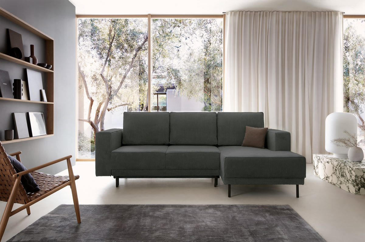 Canapé d'angle avec fonction couchage Rodario mini en L avec rangement, velours côtelé gris, côté droit