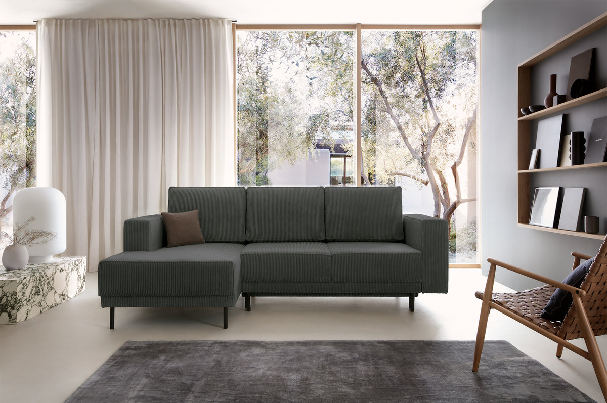 Canapé d'angle avec fonction couchage Rodario mini en L, avec coffre de rangement, velours côtelé gris, côté gauche