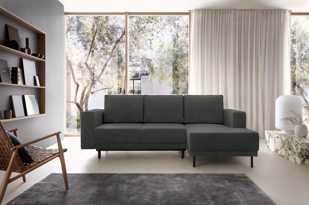 Canapé d'angle avec fonction couchage Rodario mini en L avec rangement, velours côtelé gris, côté droit