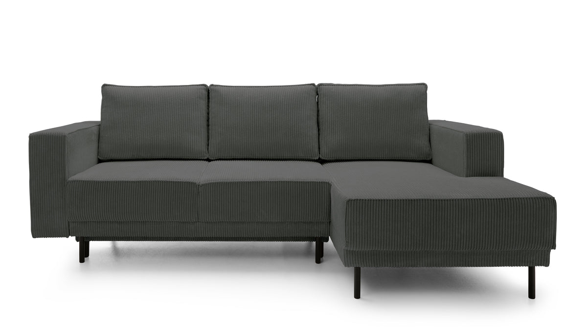 Canapé d'angle avec fonction couchage Rodario mini en L avec rangement, velours côtelé gris, côté droit
