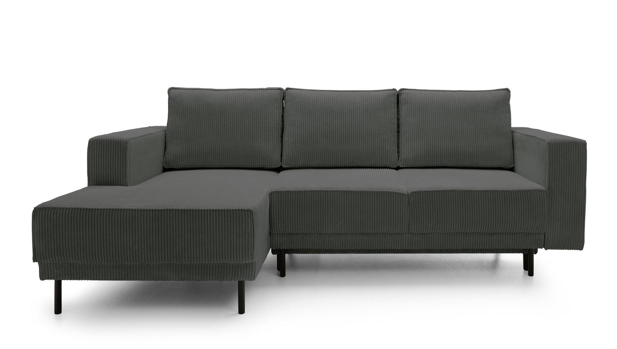 Canapé d'angle avec fonction couchage Rodario mini en L, avec coffre de rangement, velours côtelé gris, côté gauche