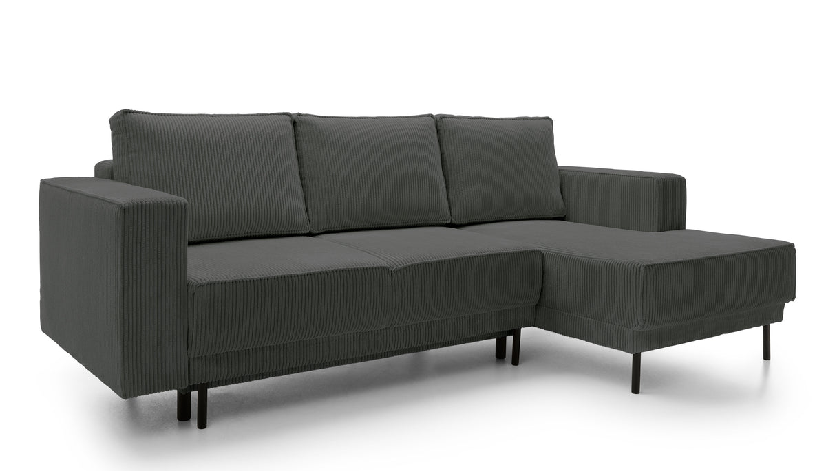 Canapé d'angle avec fonction couchage Rodario mini en L avec rangement, velours côtelé gris, côté droit