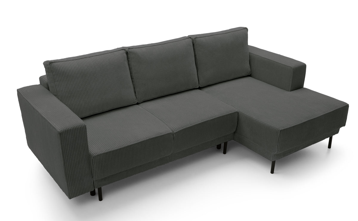 Canapé d'angle avec fonction couchage Rodario mini en L avec rangement, velours côtelé gris, côté droit
