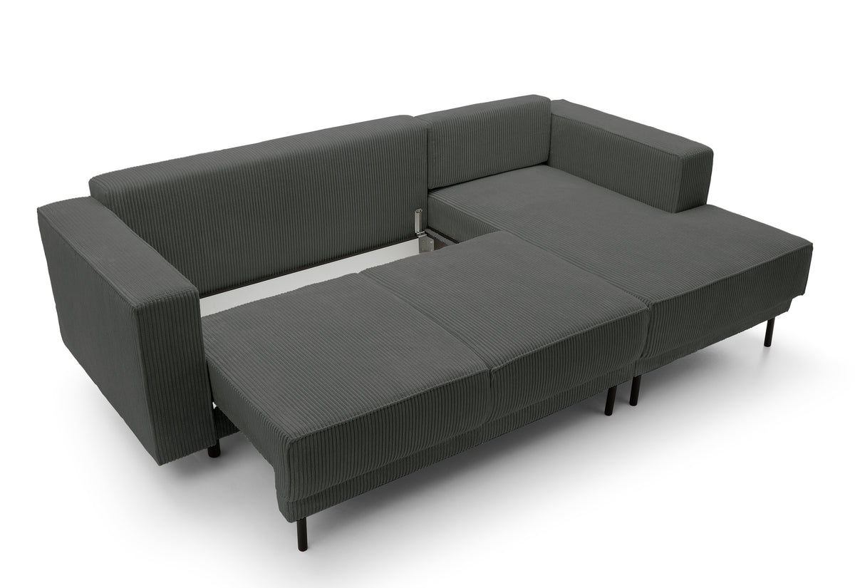 Canapé d'angle avec fonction couchage Rodario mini en L avec rangement, velours côtelé gris, côté droit