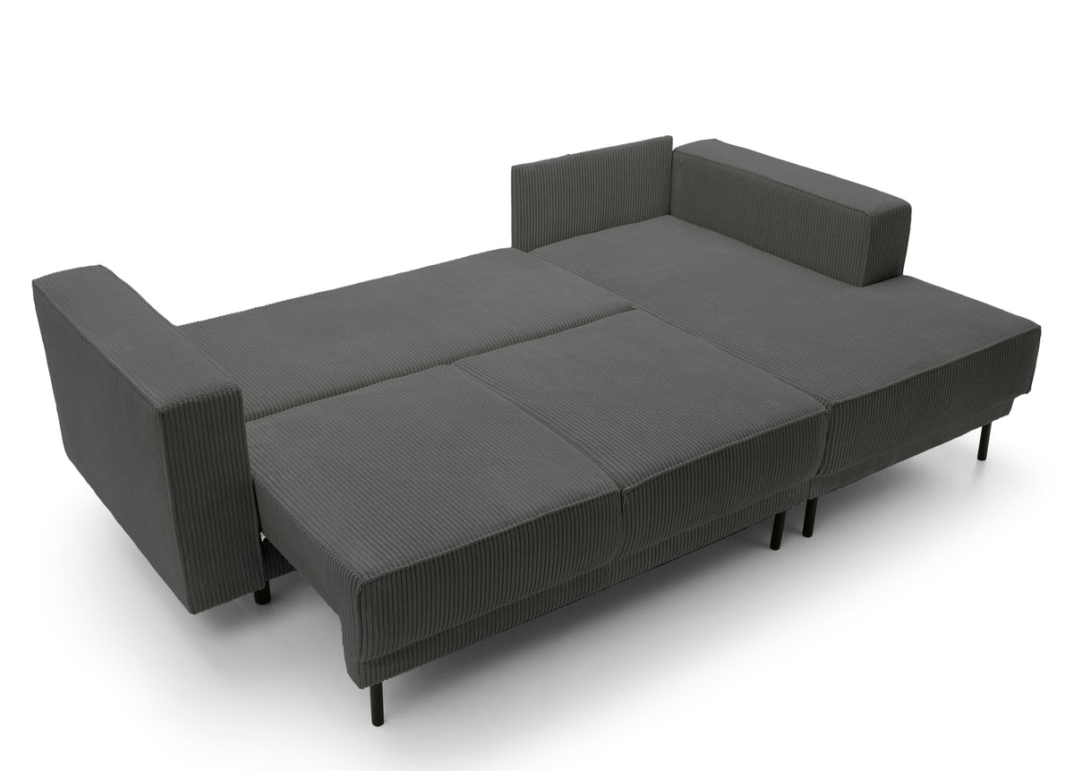 Canapé d'angle avec fonction couchage Rodario mini en L avec rangement, velours côtelé gris, côté droit