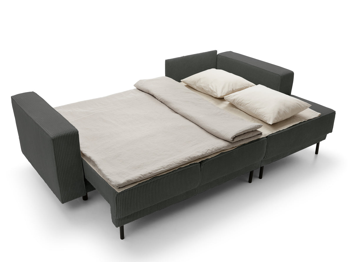 Canapé d'angle avec fonction couchage Rodario mini en L avec rangement, velours côtelé gris, côté droit