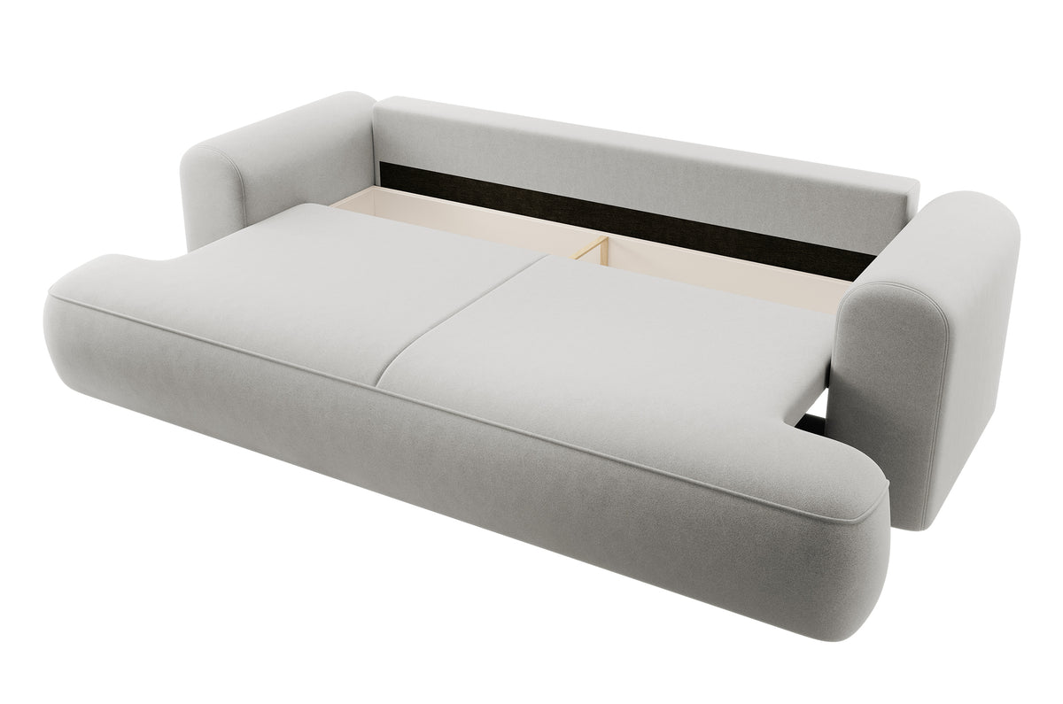 Canapé convertible 3 places Ovo avec rangement, velours gris en tissu facile à nettoyer