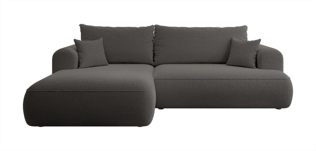 Canapé d'angle convertible Ovo en boucle gris foncé avec coffre, modèle gauche