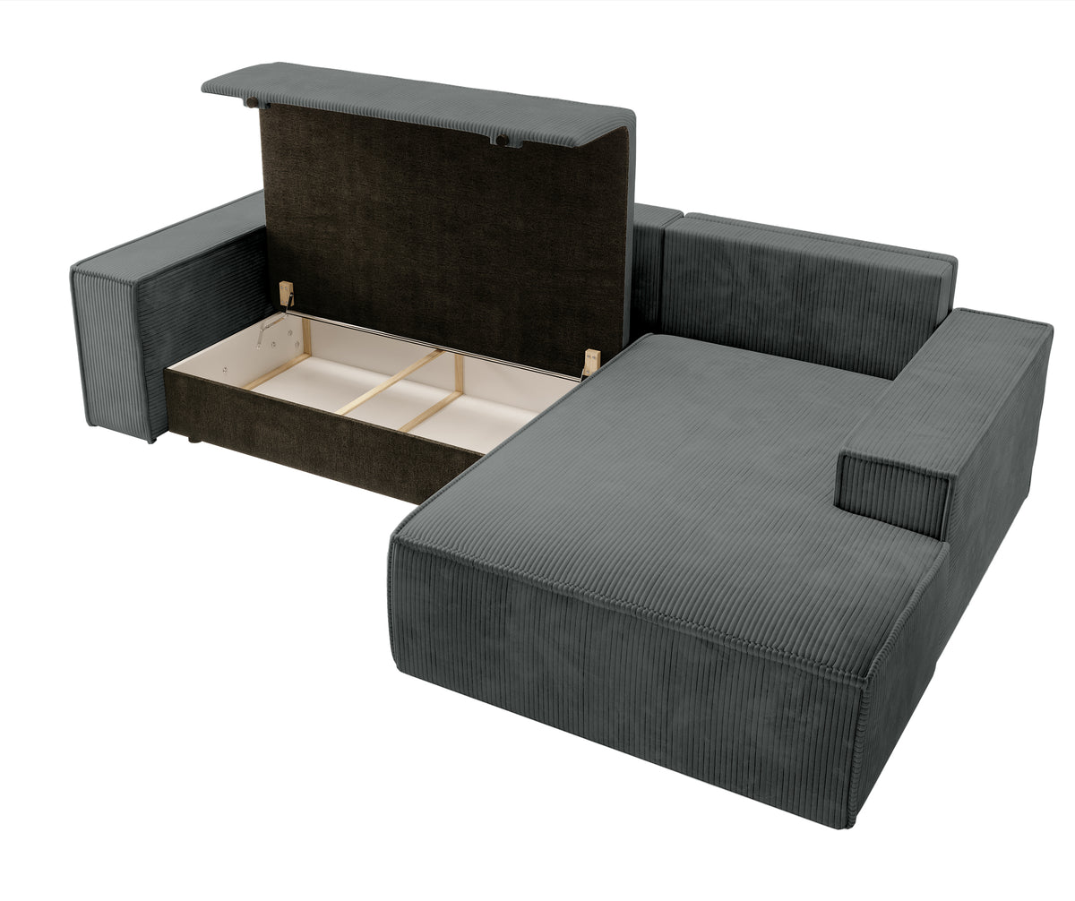 Canapé d'angle avec fonction couchage Farese New en velours côtelé gris, côté droit, avec coffre de rangement