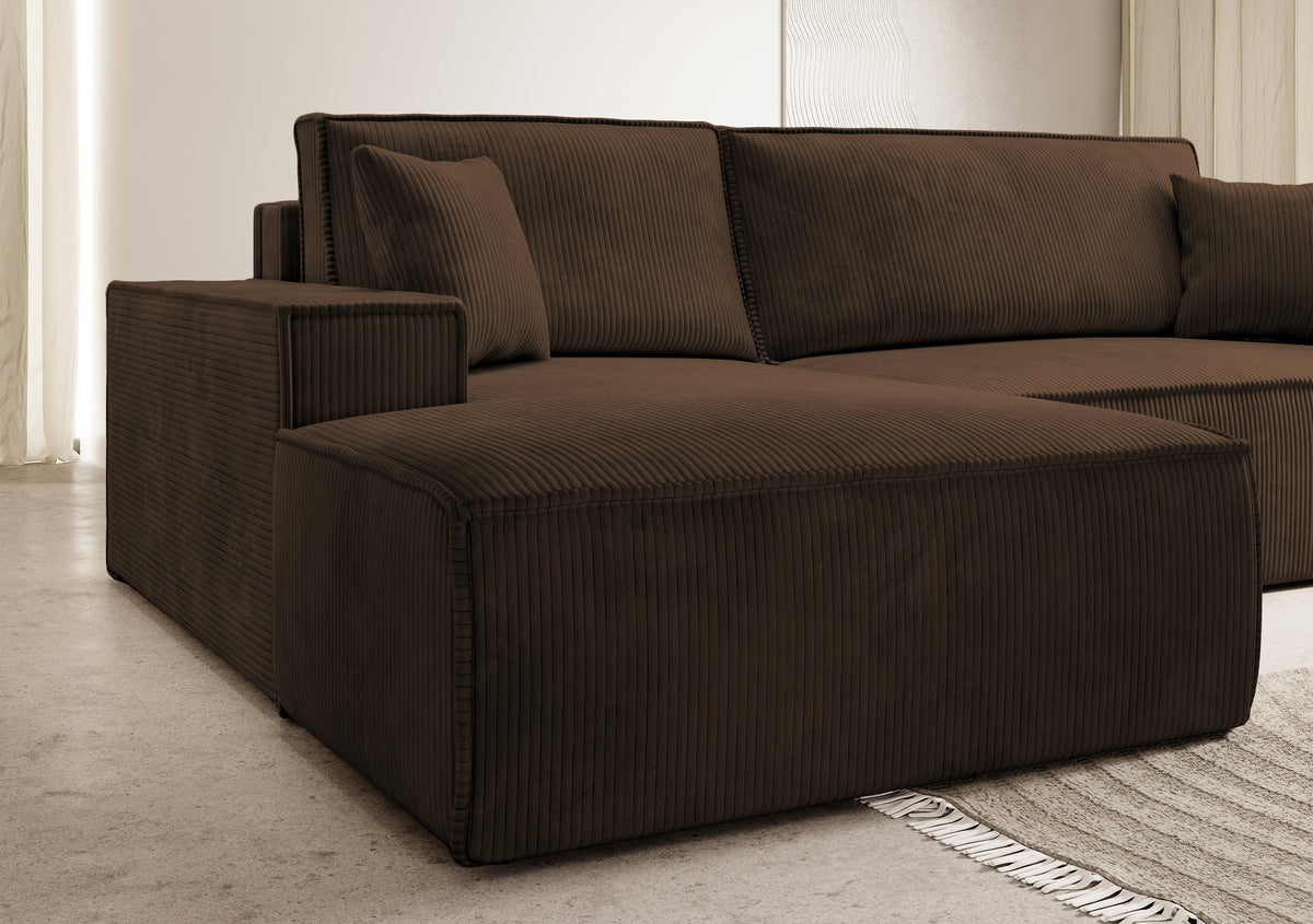 Canapé d'angle avec fonction couchage Farese New en L, avec rangement, velours côtelé marron, côté gauche