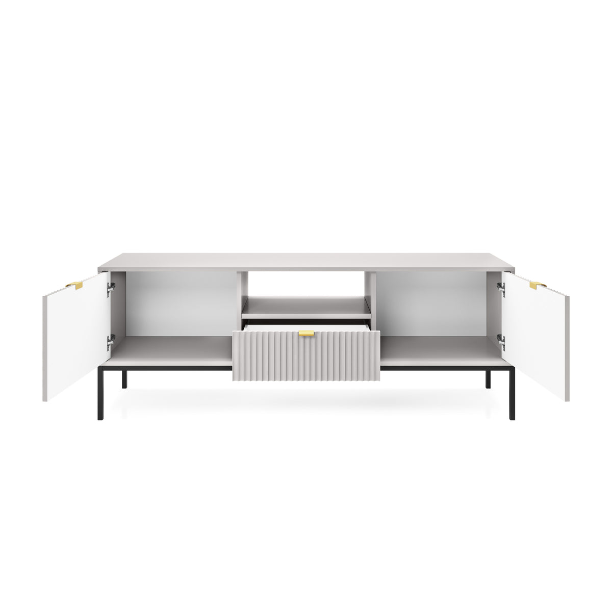 TV-Schrank Vellore 154 cm grau mit geriffelten Fronten und goldenen Griffen