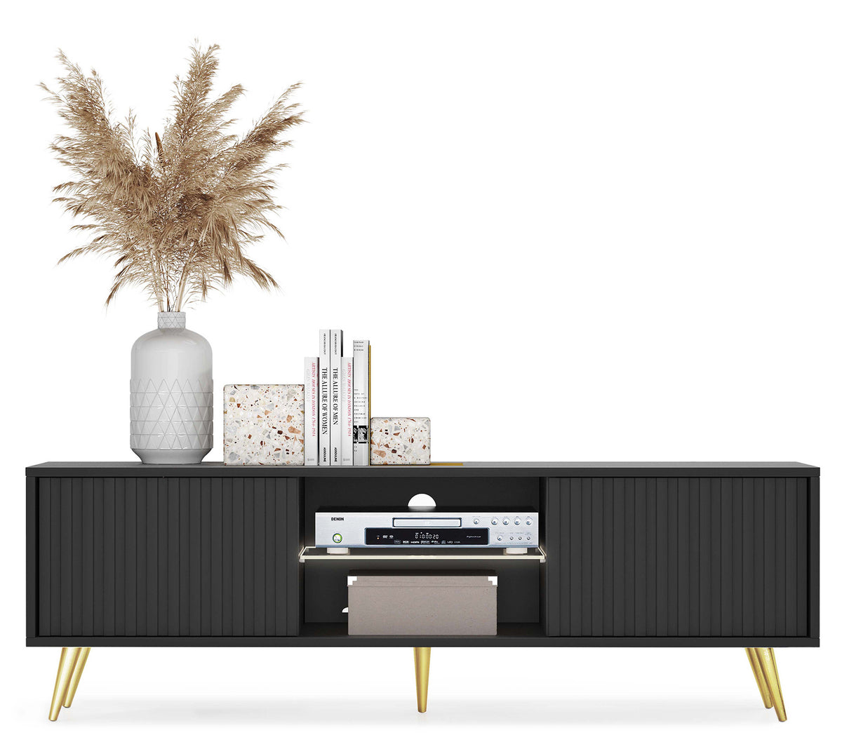 Meuble TV Bello avec façades lamellées 135 cm noir avec pieds dorés