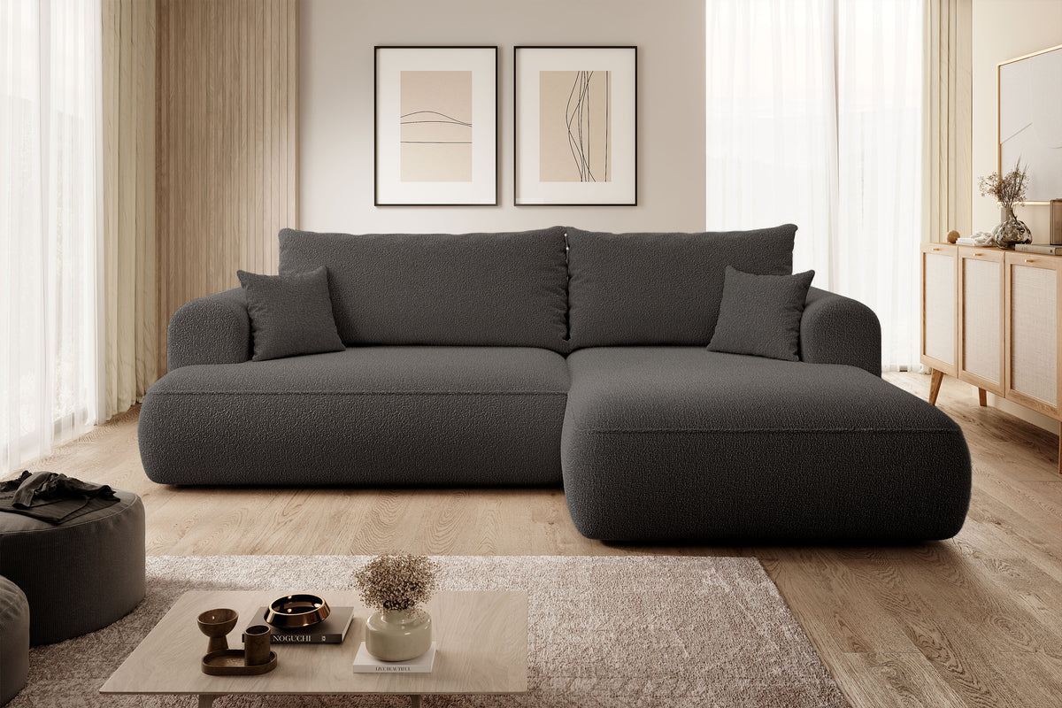 Canapé d'angle convertible Ovo en boucle gris foncé avec coffre, configuration en L, côté droit