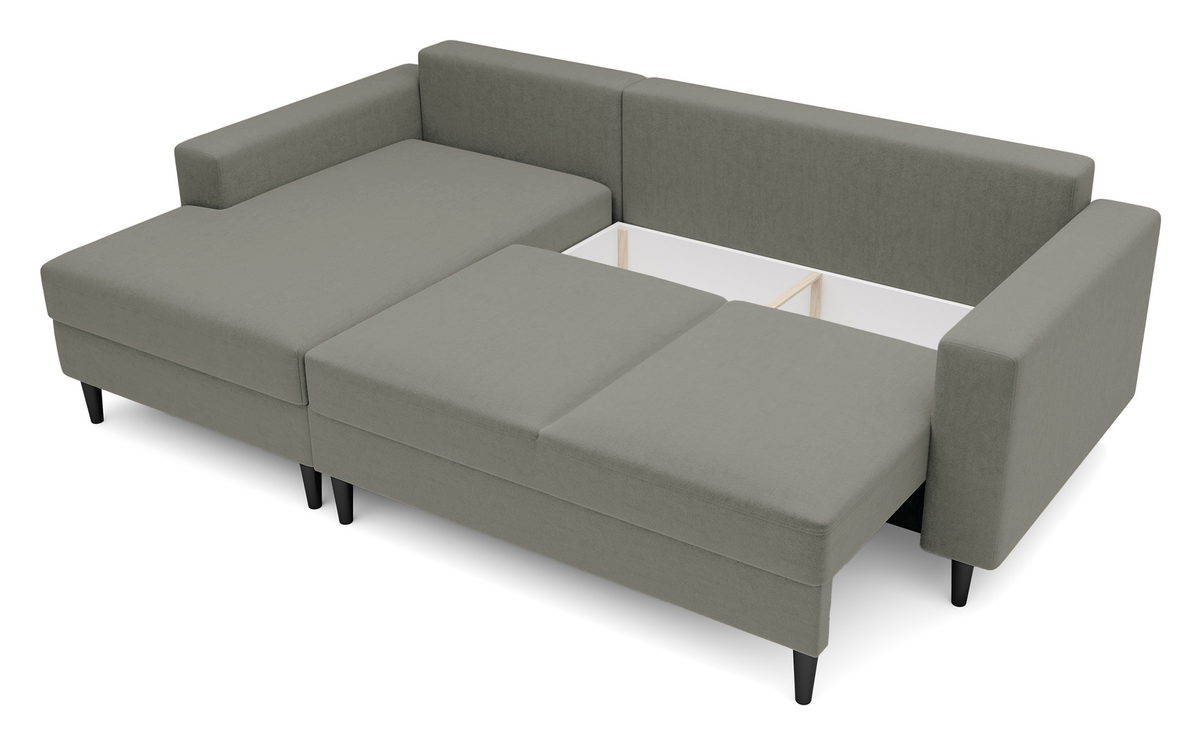 Canapé d'angle avec fonction couchage Nalika en L, avec rangement, velours hydrofuge beige foncé, côté gauche