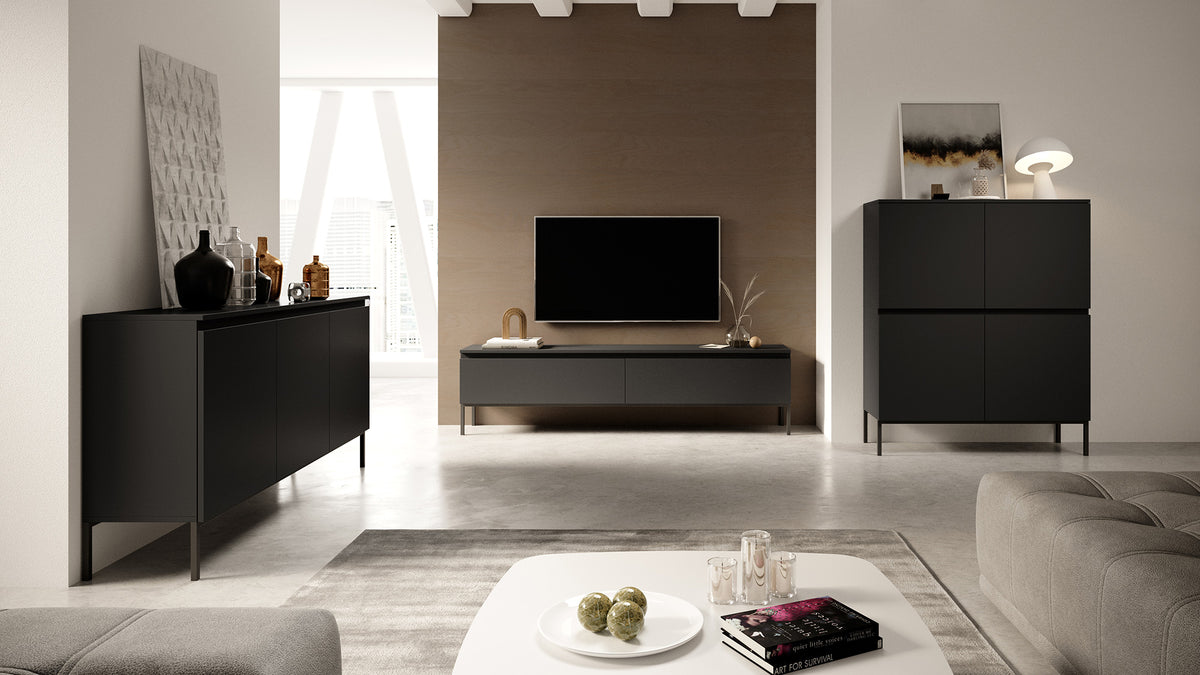 Commode trois portes Bemmi 150 cm noire avec pieds noirs
