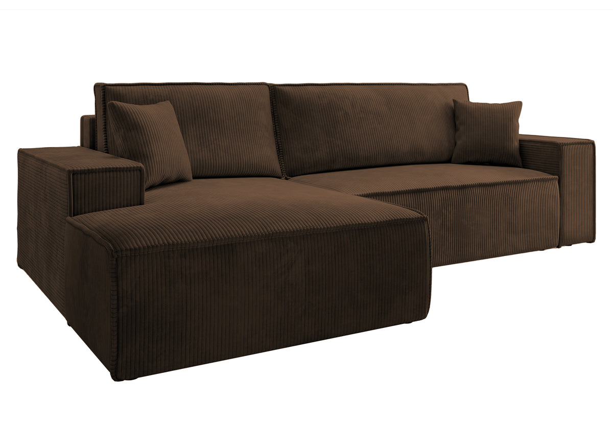Canapé d'angle avec fonction couchage Farese New en L, avec rangement, velours côtelé marron, côté gauche