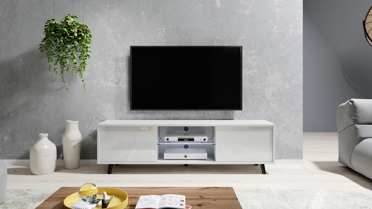 Meuble TV Lefyr 140 cm Blanc mat / Blanc brillant