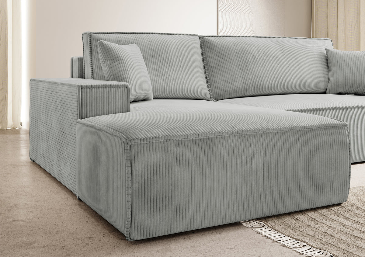 Canapé d'angle avec fonction couchage Farese New en L, avec rangement, velours côtelé gris clair, côté gauche
