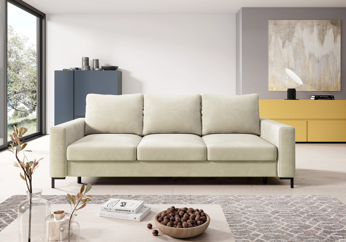 Dreisitziges ausklappbares Sofa Mokpeo mit Stauraum, beige, pflegeleichter Samtstoff