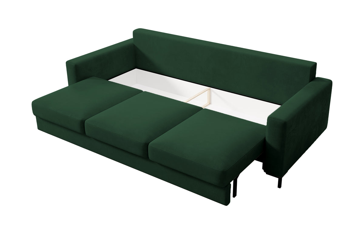 Canapé convertible 3 places Mokpeo avec rangement, velours vert facile à nettoyer