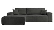 Canapé d'angle avec fonction couchage Farese New en velours côtelé gris foncé, côté gauche, avec rangement