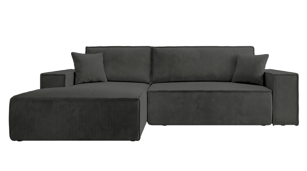 Canapé d'angle avec fonction couchage Farese New en velours côtelé gris foncé, côté gauche, avec rangement