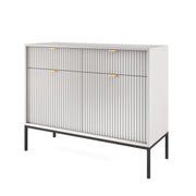 Commode 2 portes Vellore 104 cm grise avec façades rainurées et poignées dorées