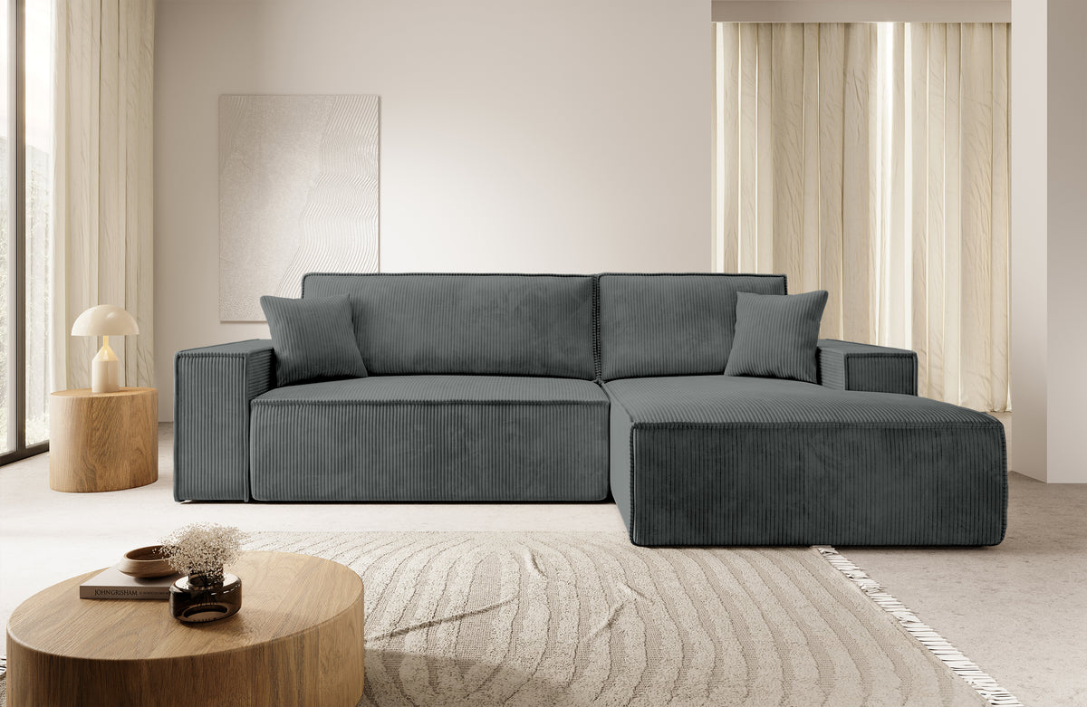 Canapé d'angle avec fonction couchage Farese New en velours côtelé gris, côté droit, avec coffre de rangement