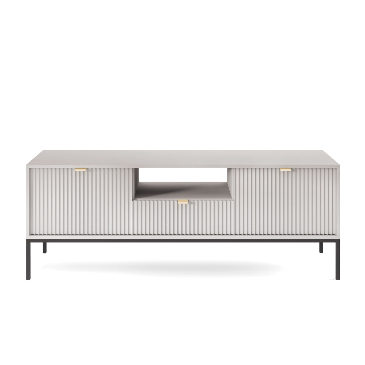 TV-Schrank Vellore 154 cm grau mit geriffelten Fronten und goldenen Griffen