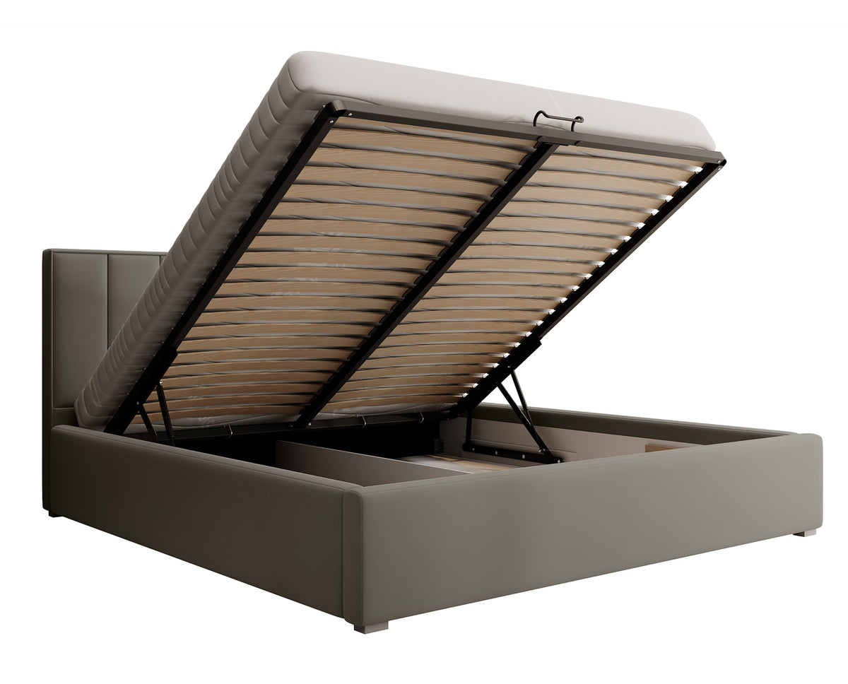 Lit tapissé 160x200 cm Rinus avec rangement beige en tissu hydrofuge