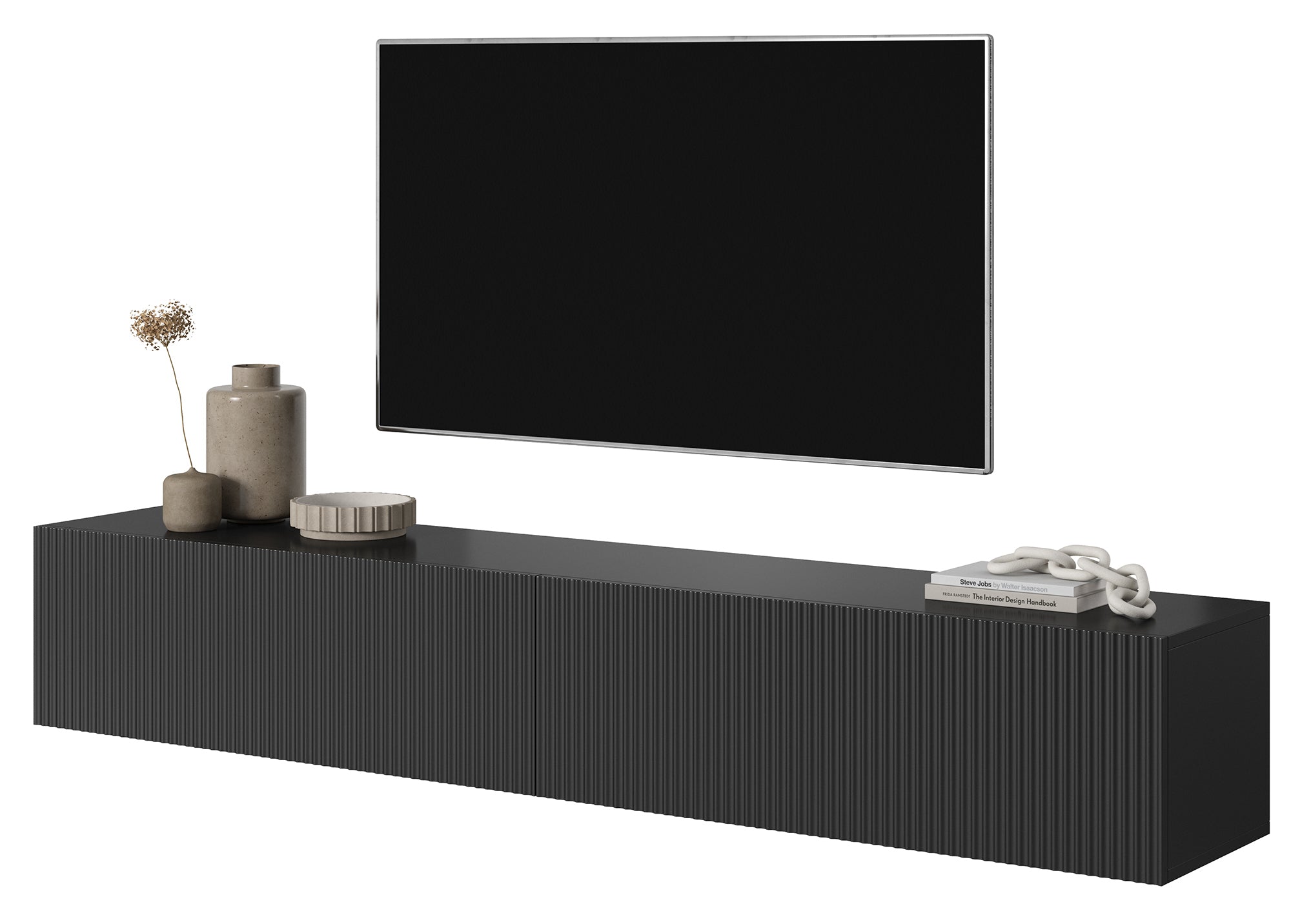 Meuble TV mural Veldio avec façade fraisée, 175 cm, noir