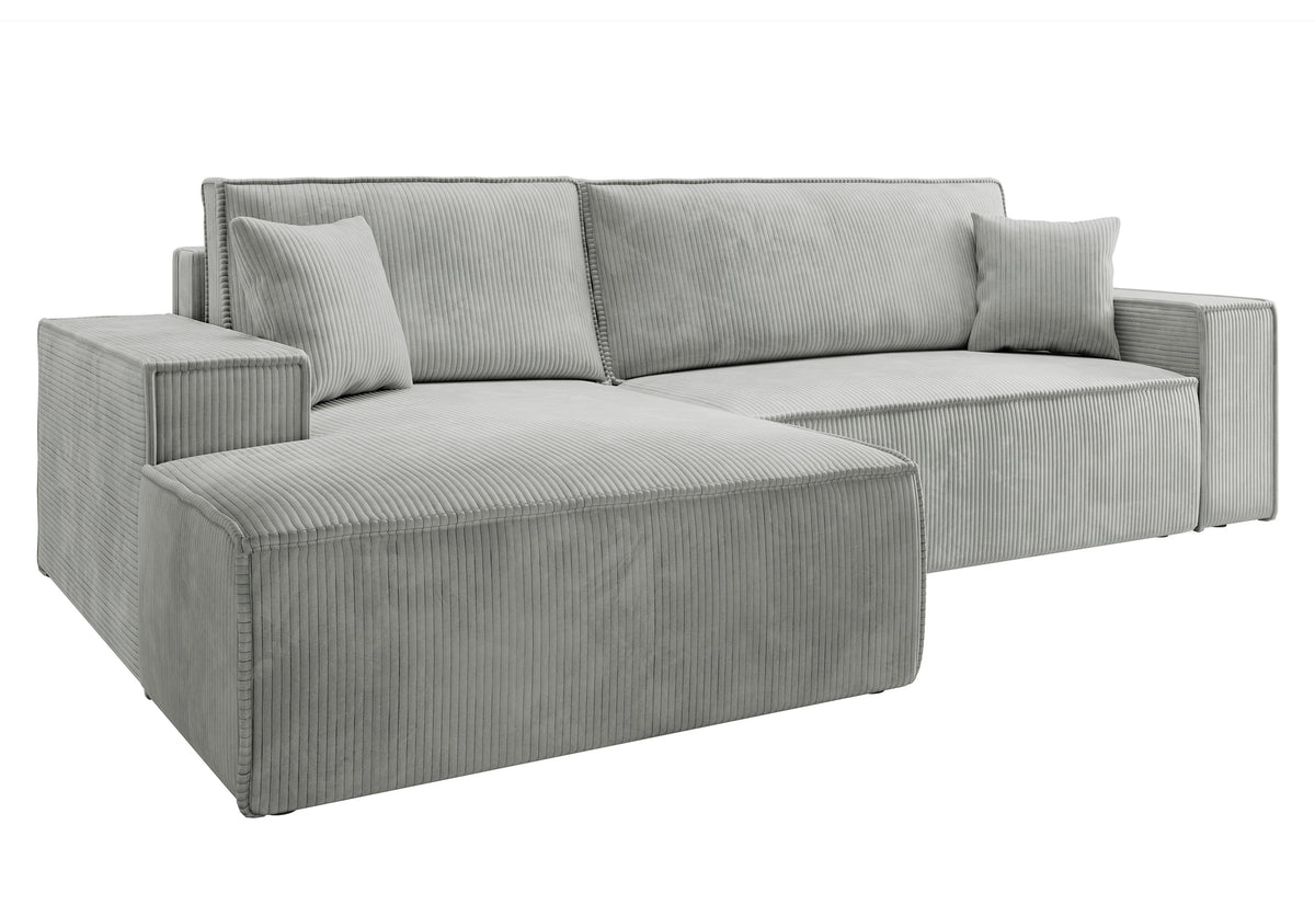 Canapé d'angle avec fonction couchage Farese New en L, avec rangement, velours côtelé gris clair, côté gauche