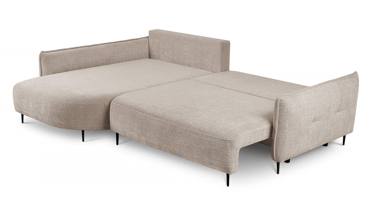 Canapé d'angle Oblivio avec fonction couchage, forme en L, rangement, tissu chenille beige clair, côté gauche