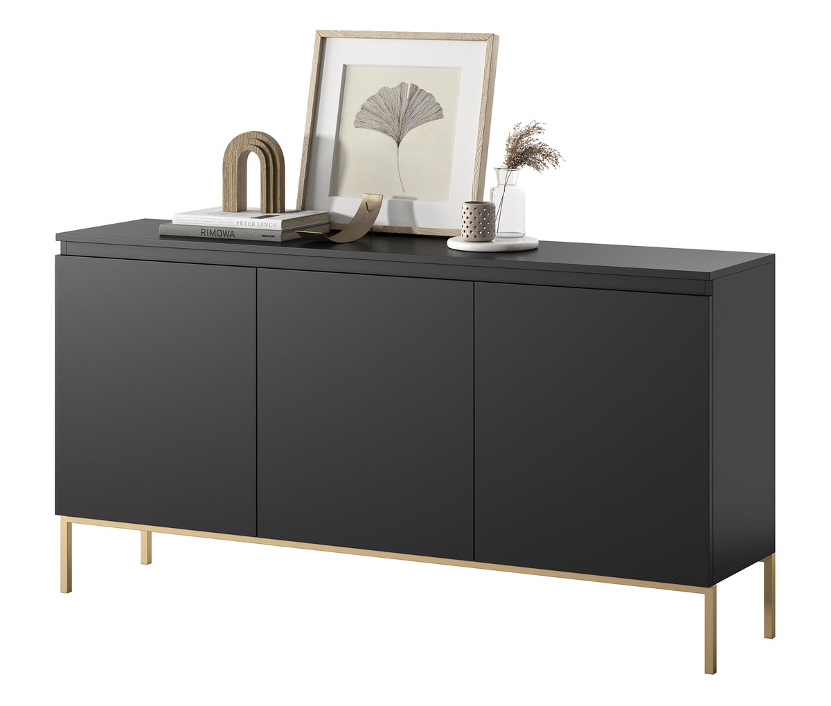 Commode trois portes Bemmi 150 cm noire avec pieds dorés