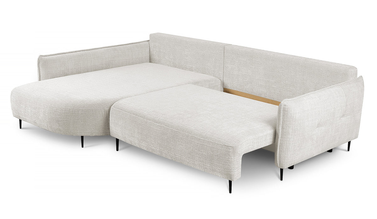 Canapé d'angle Oblivio avec fonction couchage, forme en L, avec coffre de rangement, tissu chenille crème, version gauche