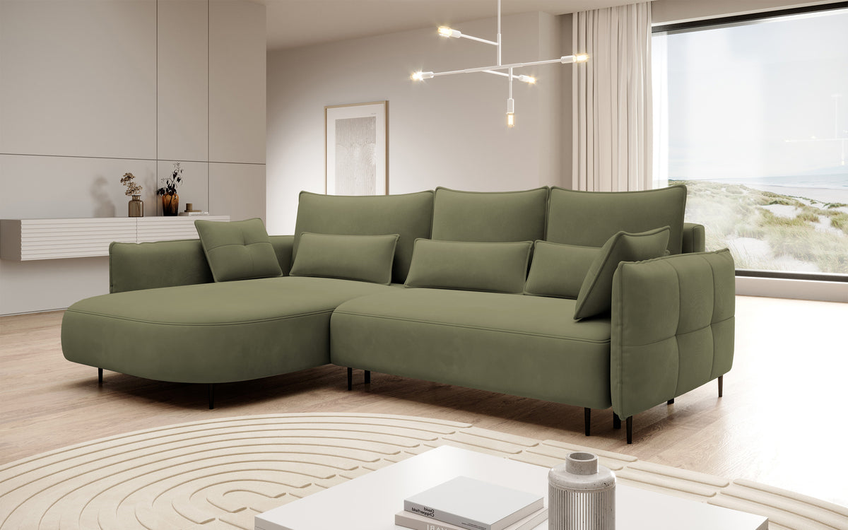 Canapé d'angle Oblivio avec fonction couchage, forme en L, coffre de rangement, velours olive, côté gauche, hydrofuge