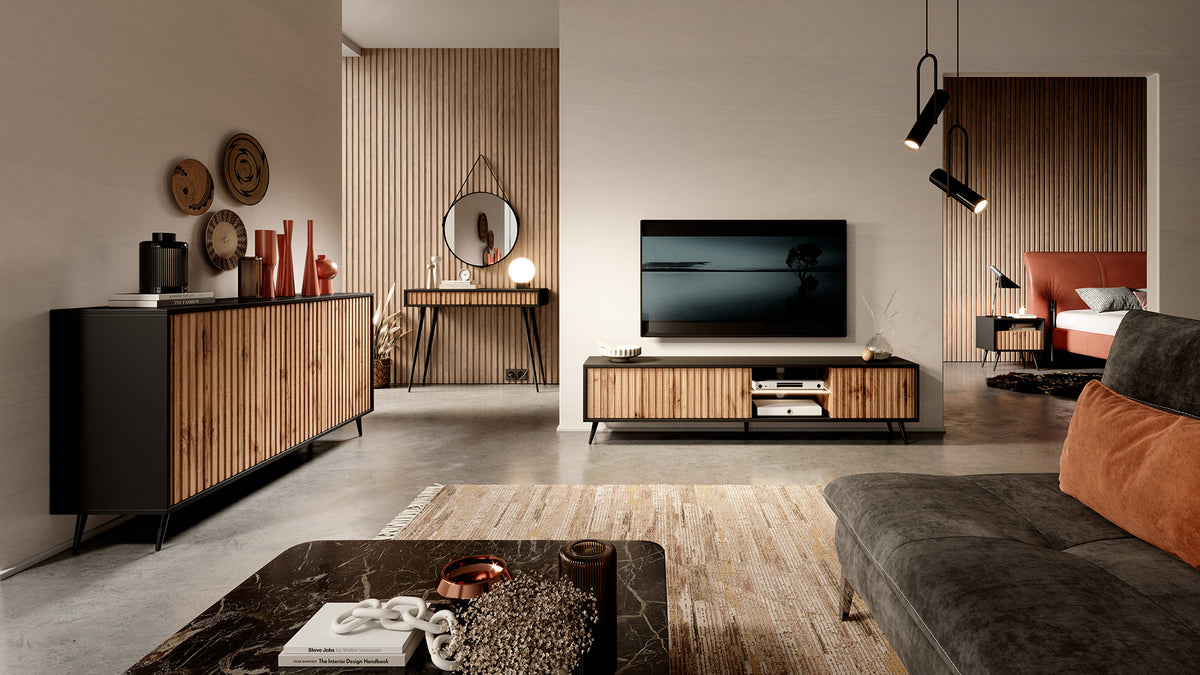 Commode Bello avec façades à lames 154 cm noire/chêne Wotan