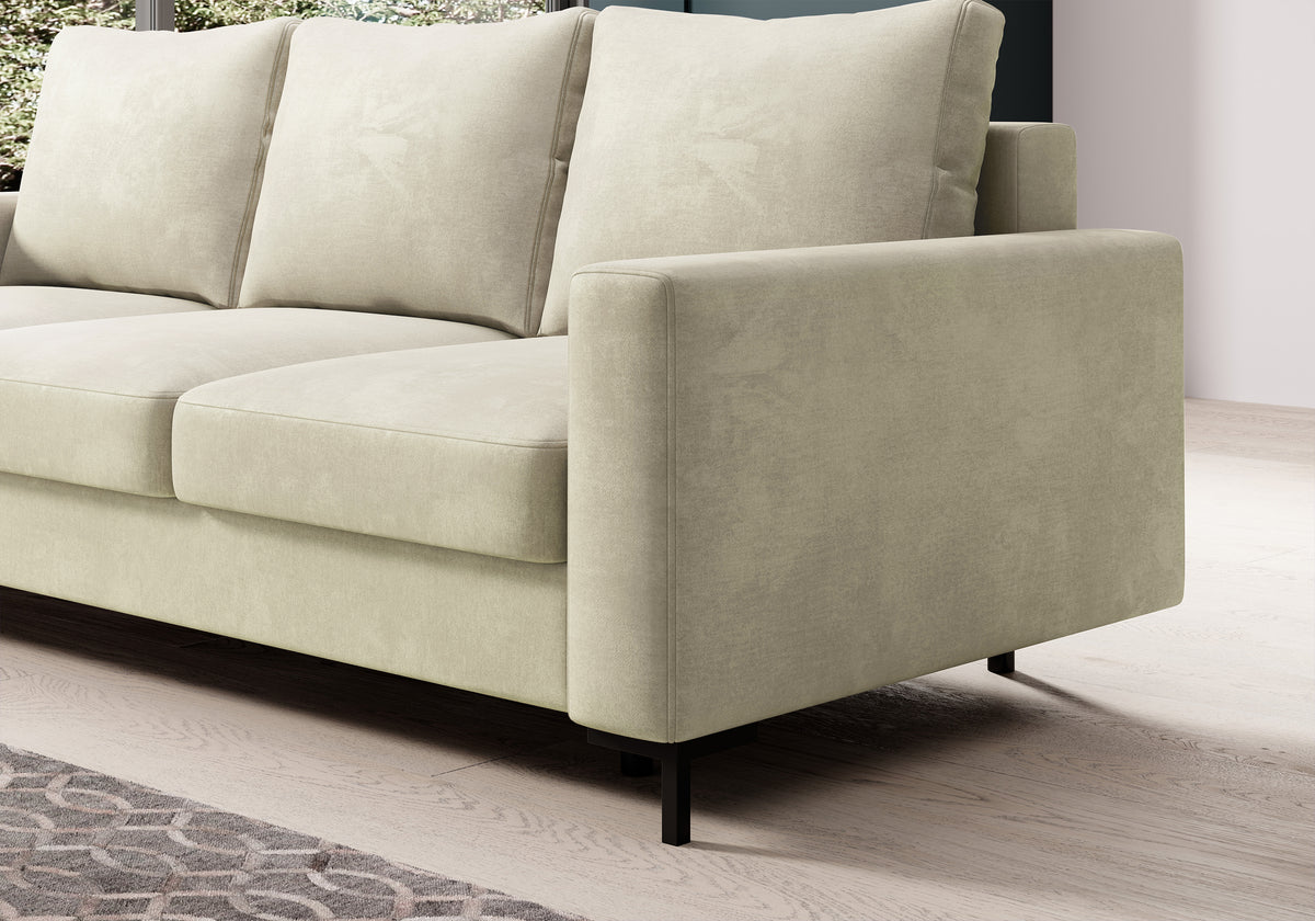Dreisitziges ausklappbares Sofa Mokpeo mit Stauraum, beige, pflegeleichter Samtstoff