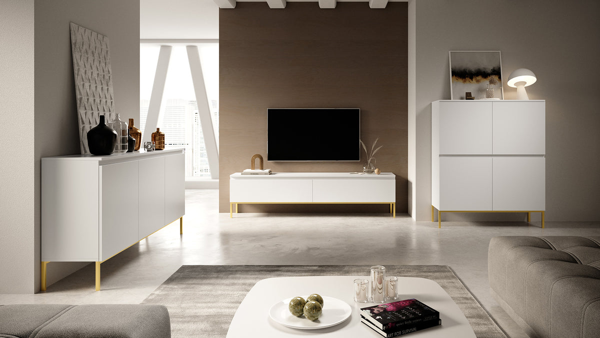 Commode trois portes Bemmi 150 cm blanche avec pieds dorés
